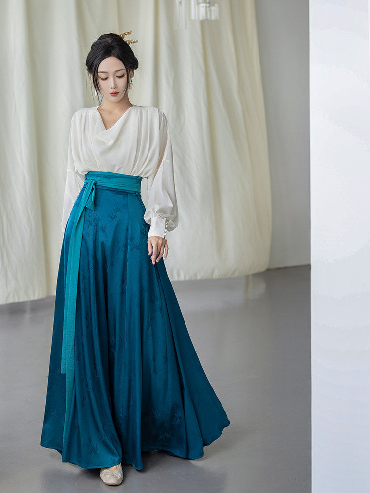 Dream Original Black Draped Collar Blouse & Torn Skirt Set, New Chinese Style, Commuter Daily