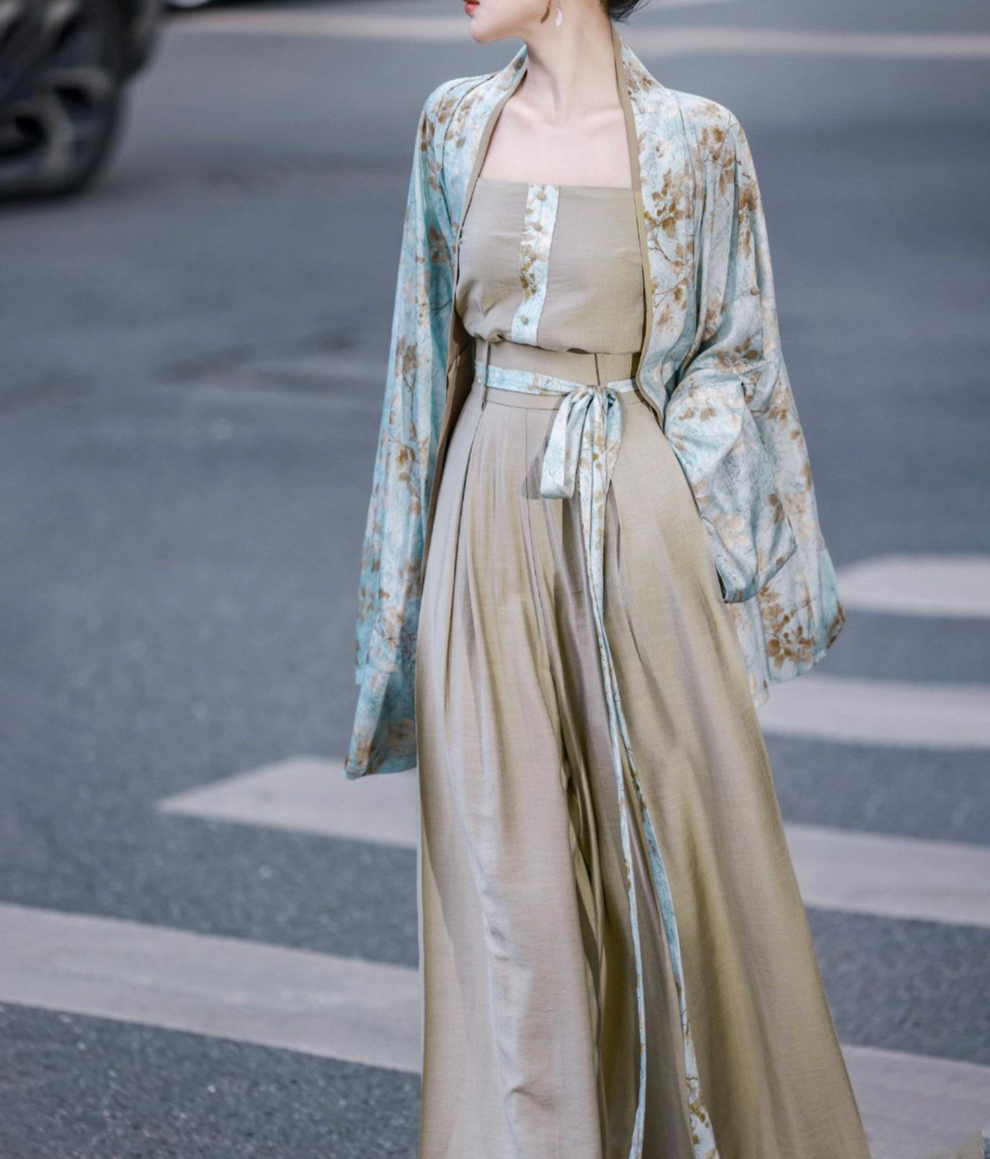 Nimeng Huaqing Original Pleated Top & Camisole & Modified Song-Style Pants Vintage Retro Daily Commute Set Spring/Autumn