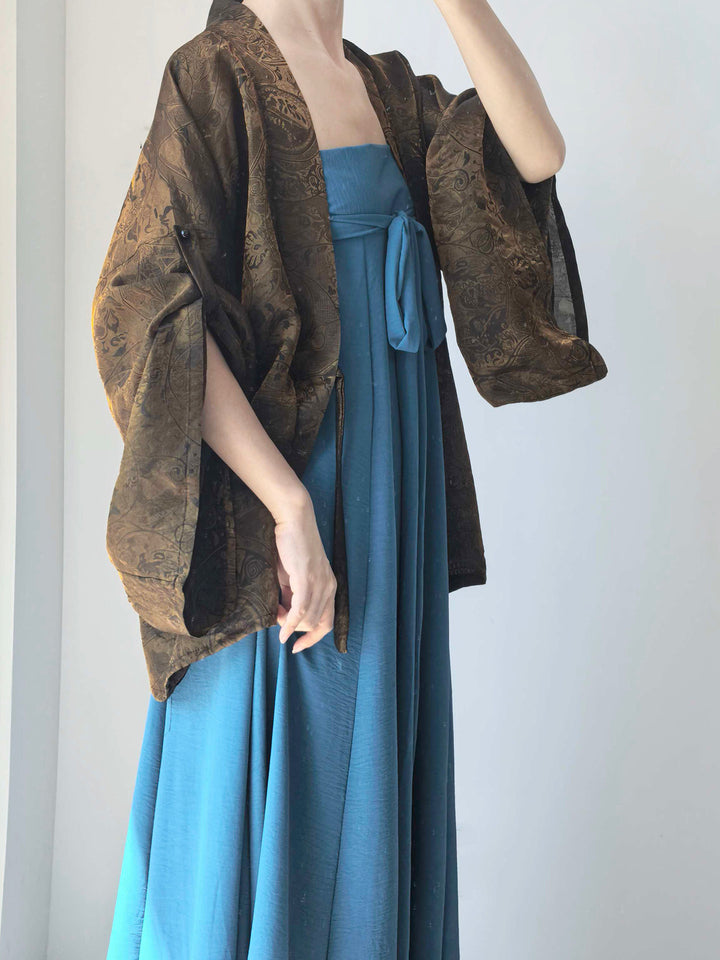 Dark Sleeve Fragrance [Sunset] Rayon Shimmer Modified Northern Dynasties Pleated Robe, Black & Gold, Daily Commute