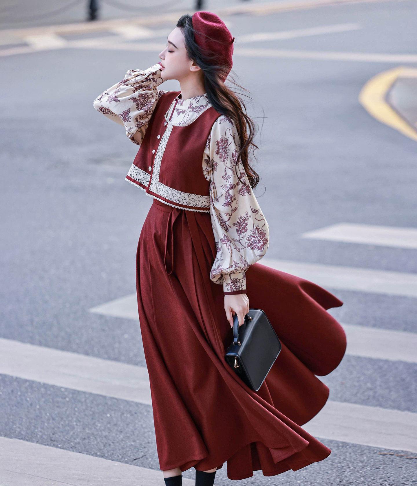 Nimeng Mulan Original Han-style Round Neck Top, Vest & Split Skirt, Fall/Winter, Vintage Wine Red, Daily Commute Women's
