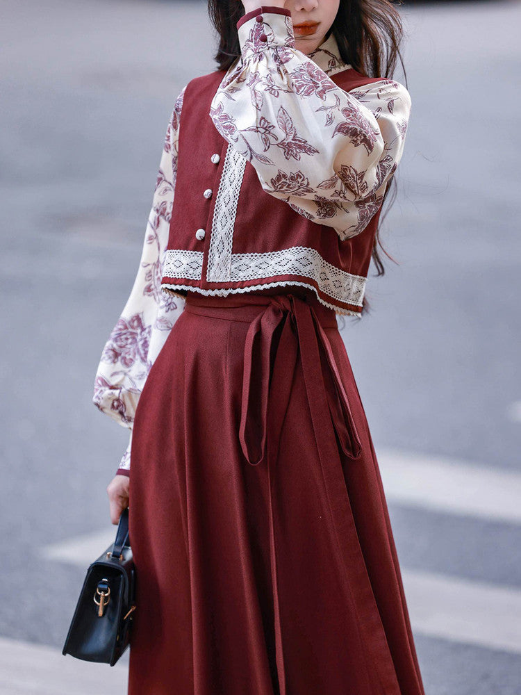 Nimeng Mulan Original Han-style Round Neck Top, Vest & Split Skirt, Fall/Winter, Vintage Wine Red, Daily Commute Women's