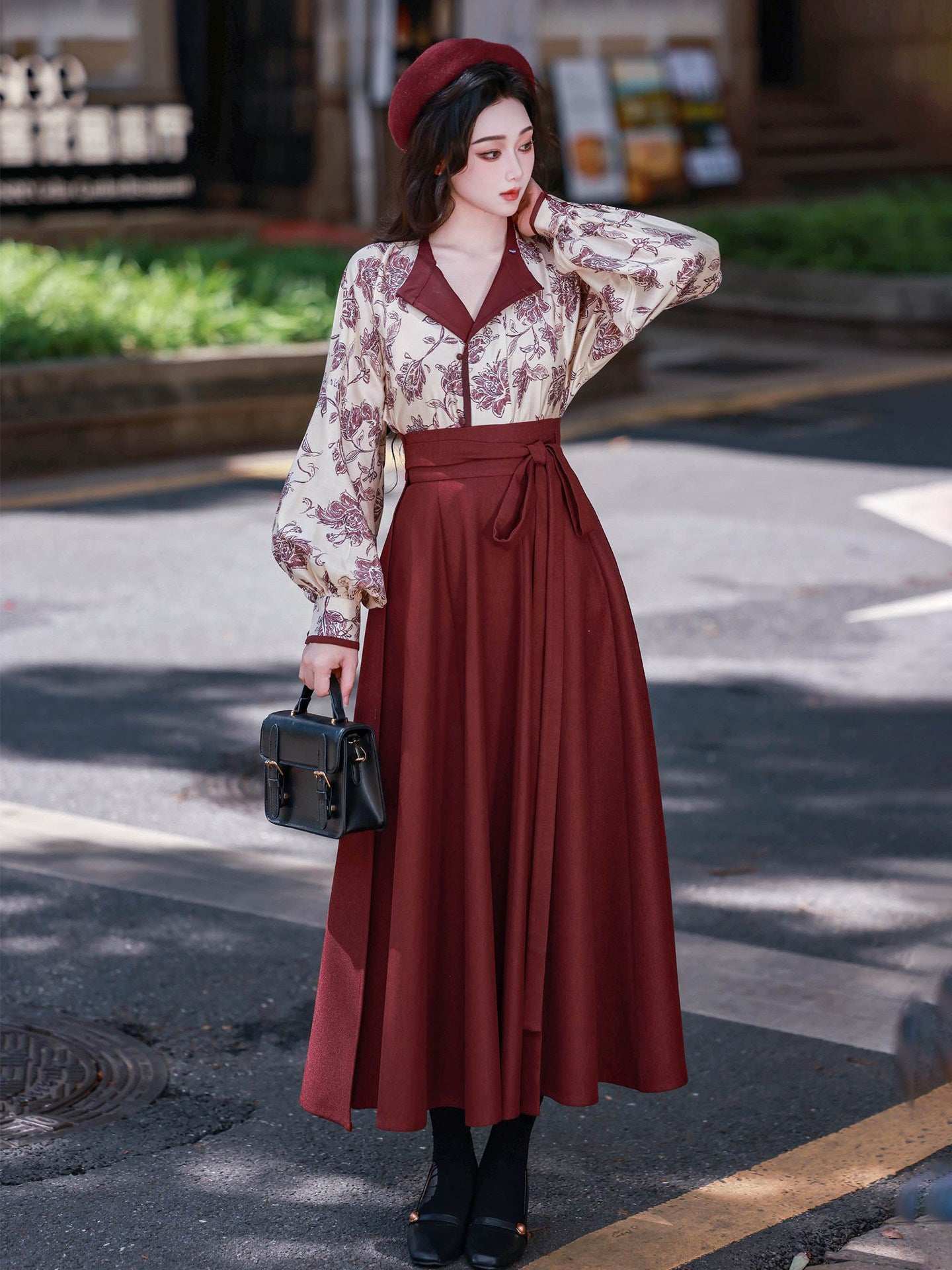 Nimeng Mulan Original Han-style Round Neck Top, Vest & Split Skirt, Fall/Winter, Vintage Wine Red, Daily Commute Women's