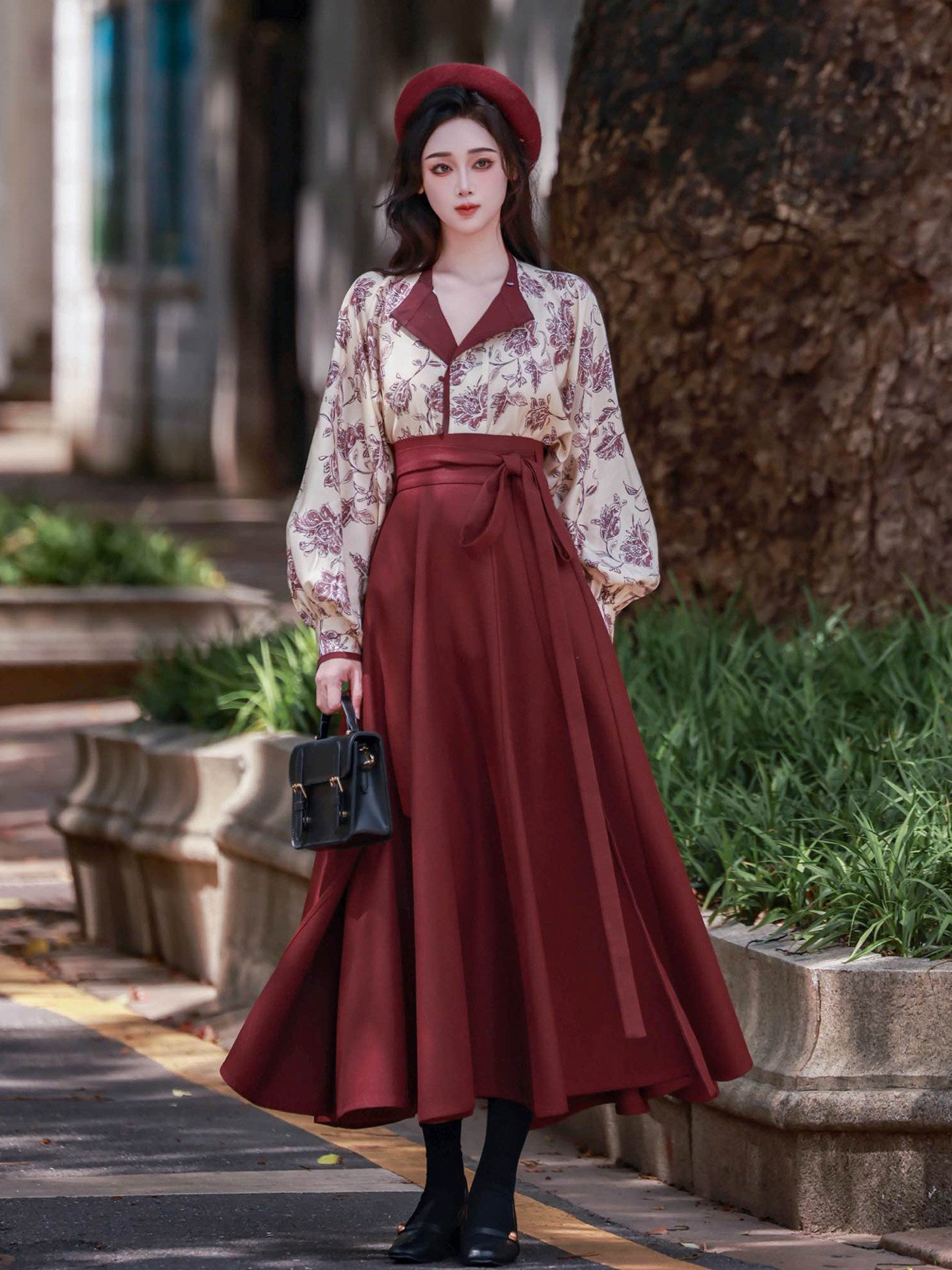 Nimeng Mulan Original Han-style Round Neck Top, Vest & Split Skirt, Fall/Winter, Vintage Wine Red, Daily Commute Women's