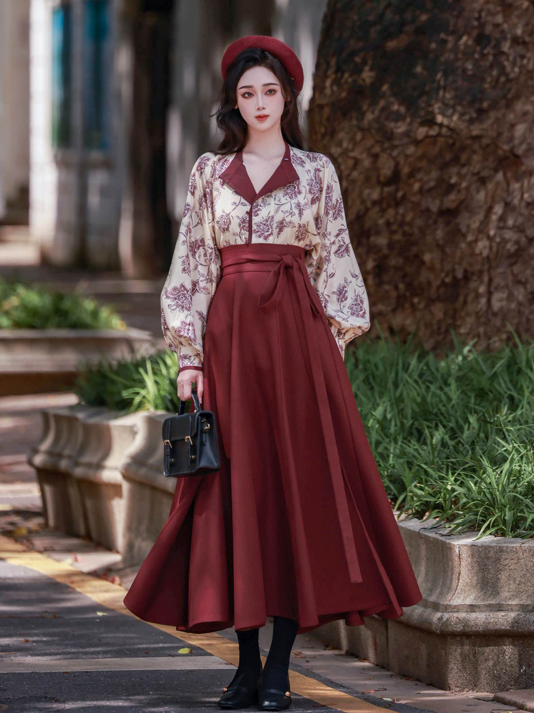 Nimeng Mulan Original Han-style Round Neck Top, Vest & Split Skirt, Fall/Winter, Vintage Wine Red, Daily Commute Women's