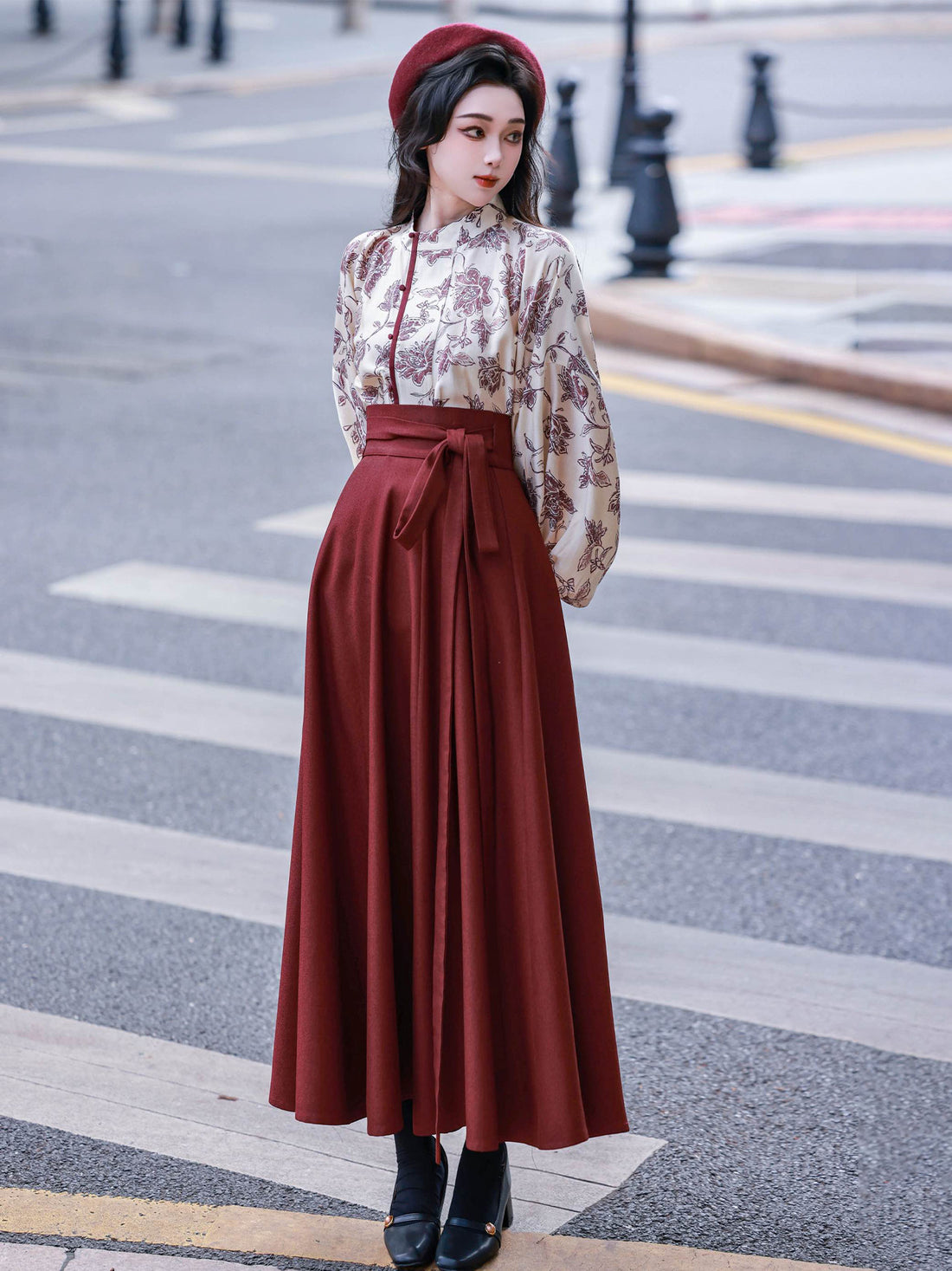Nimeng Mulan Original Han-style Round Neck Top, Vest & Split Skirt, Fall/Winter, Vintage Wine Red, Daily Commute Women's