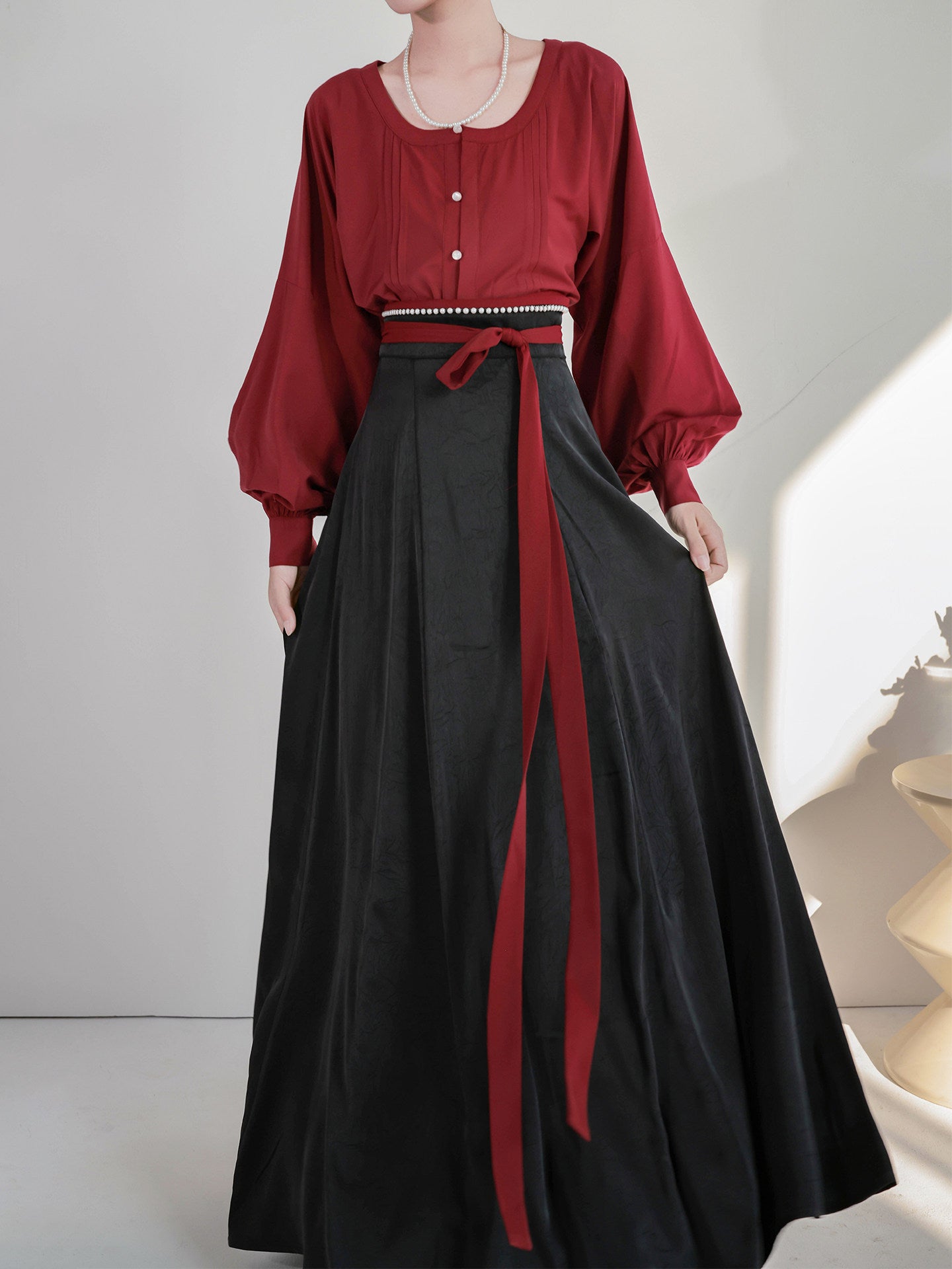Nimeng Qiufen Original Chinese-style Daily Hanfu, Multi-color V-neck Blouse & Wrap 10-panel Skirt, Tang-style New Chinese