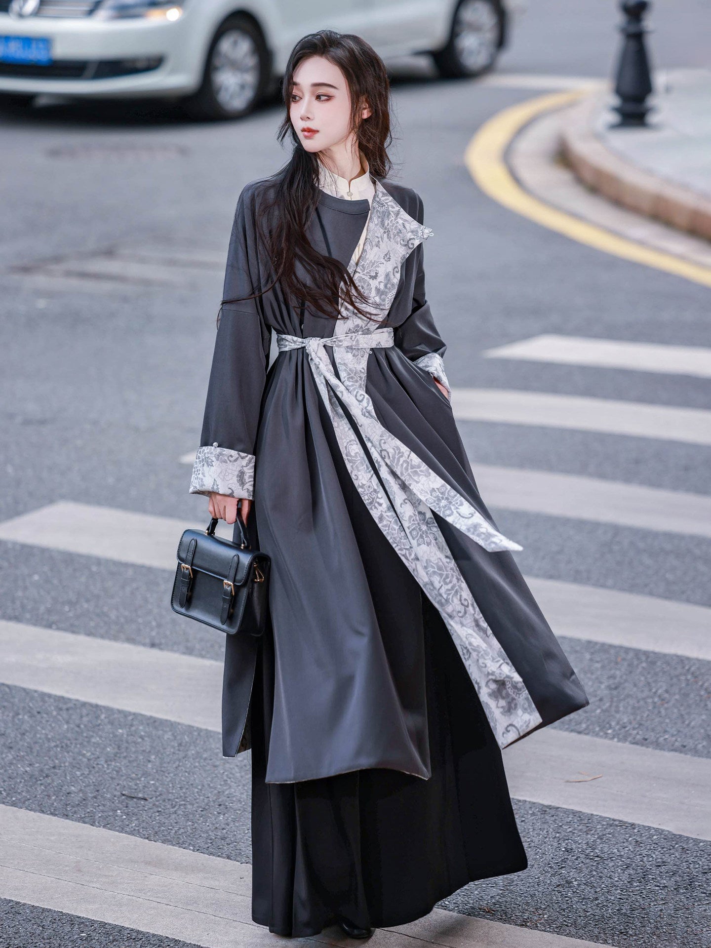 Dreamlike Autumn Rain Reversible Round-Neck Han-Style Top & Elastic-Waist Song Pants, Original Vintage Chinese Style, Black & Gray