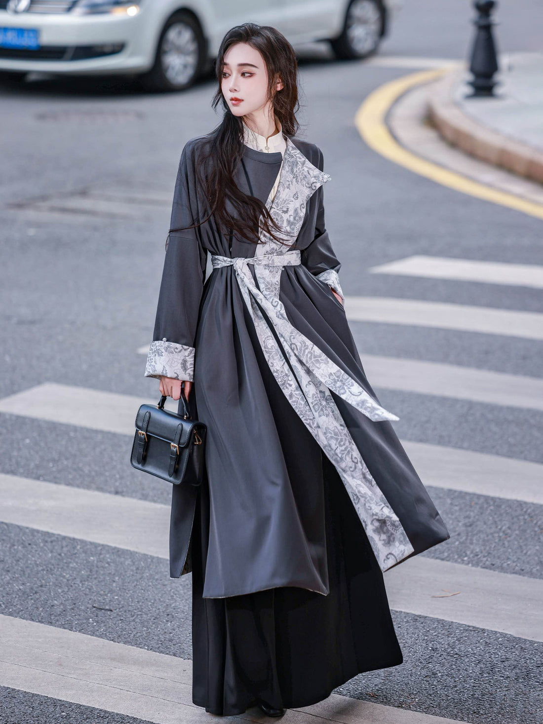 Dreamlike Autumn Rain Reversible Round-Neck Han-Style Top & Elastic-Waist Song Pants, Original Vintage Chinese Style, Black & Gray