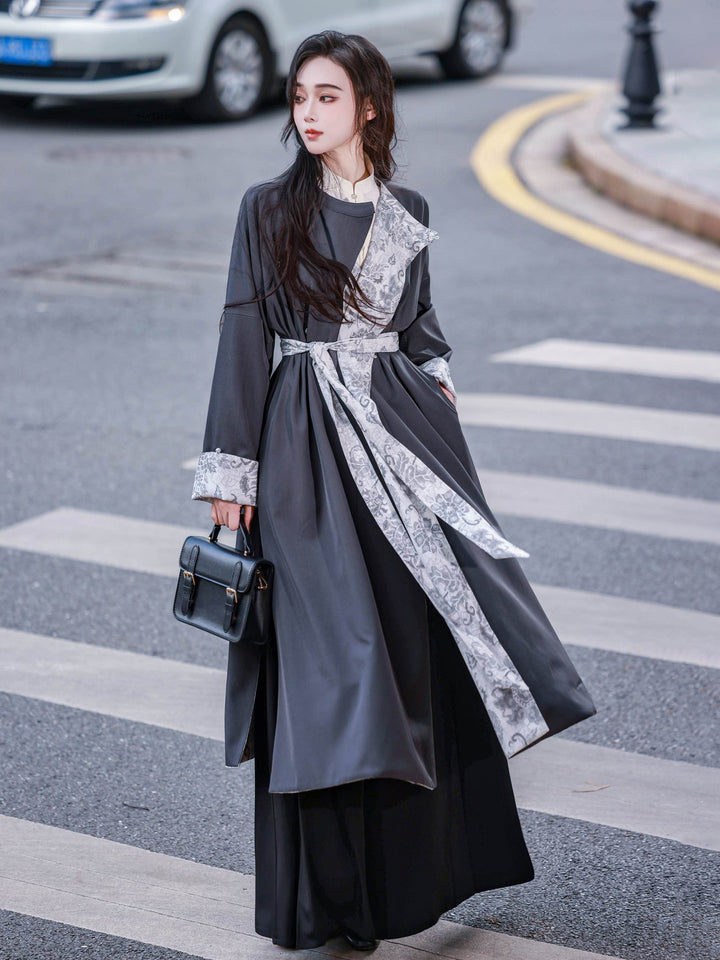 Dreamlike Autumn Rain Reversible Round-Neck Han-Style Top & Elastic-Waist Song Pants, Original Vintage Chinese Style, Black & Gray