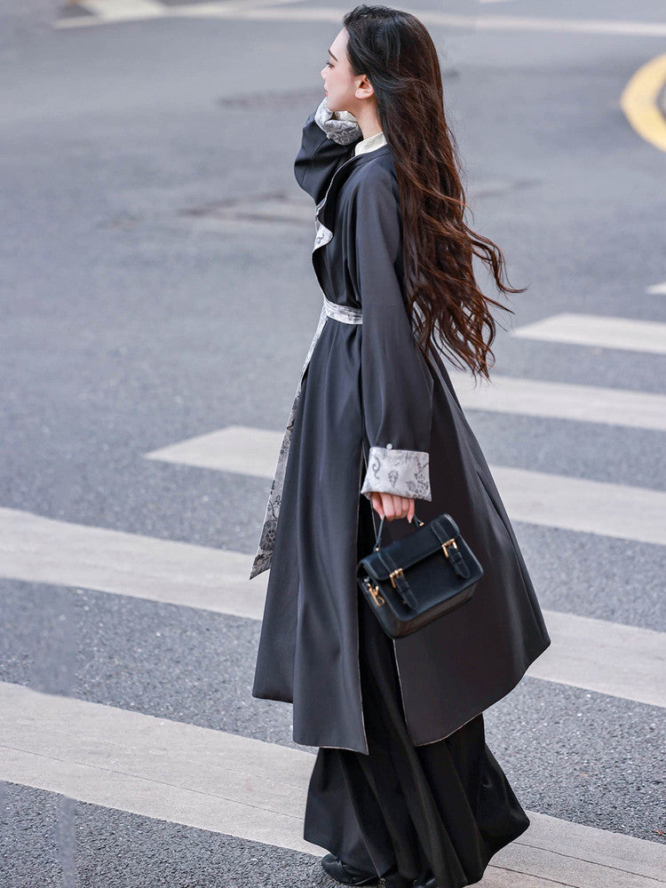 Dreamlike Autumn Rain Reversible Round-Neck Han-Style Top & Elastic-Waist Song Pants, Original Vintage Chinese Style, Black & Gray