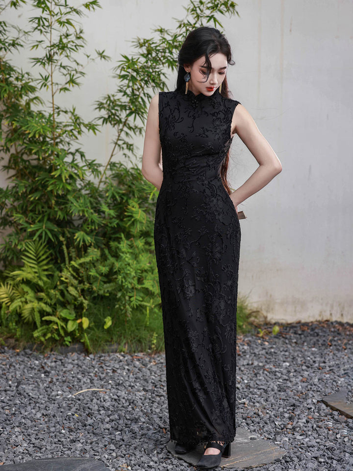 Nimeng “Secret Fragrance” Original Velvet Beaded Sleeveless Floor-Length Qipao, New Chinese-Style Blazer, Elegant Vintage Republican-Era Look