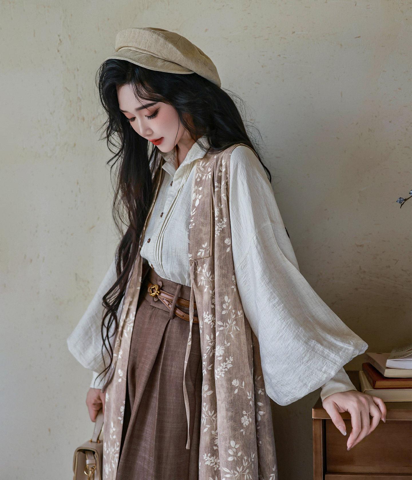 Nimeng "South France Holiday" Ming-style Mandarin Collar Long Vest, New Chinese Shirt & High-Waist Wide-Leg Trousers, Cotton Linen Vintage
