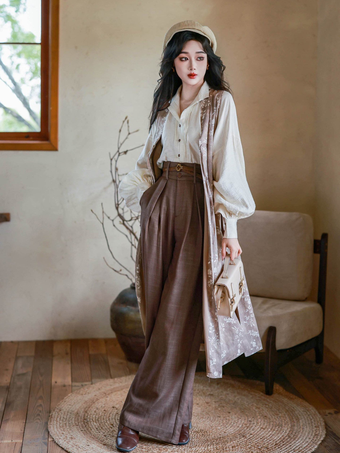 Nimeng "South France Holiday" Ming-style Mandarin Collar Long Vest, New Chinese Shirt & High-Waist Wide-Leg Trousers, Cotton Linen Vintage
