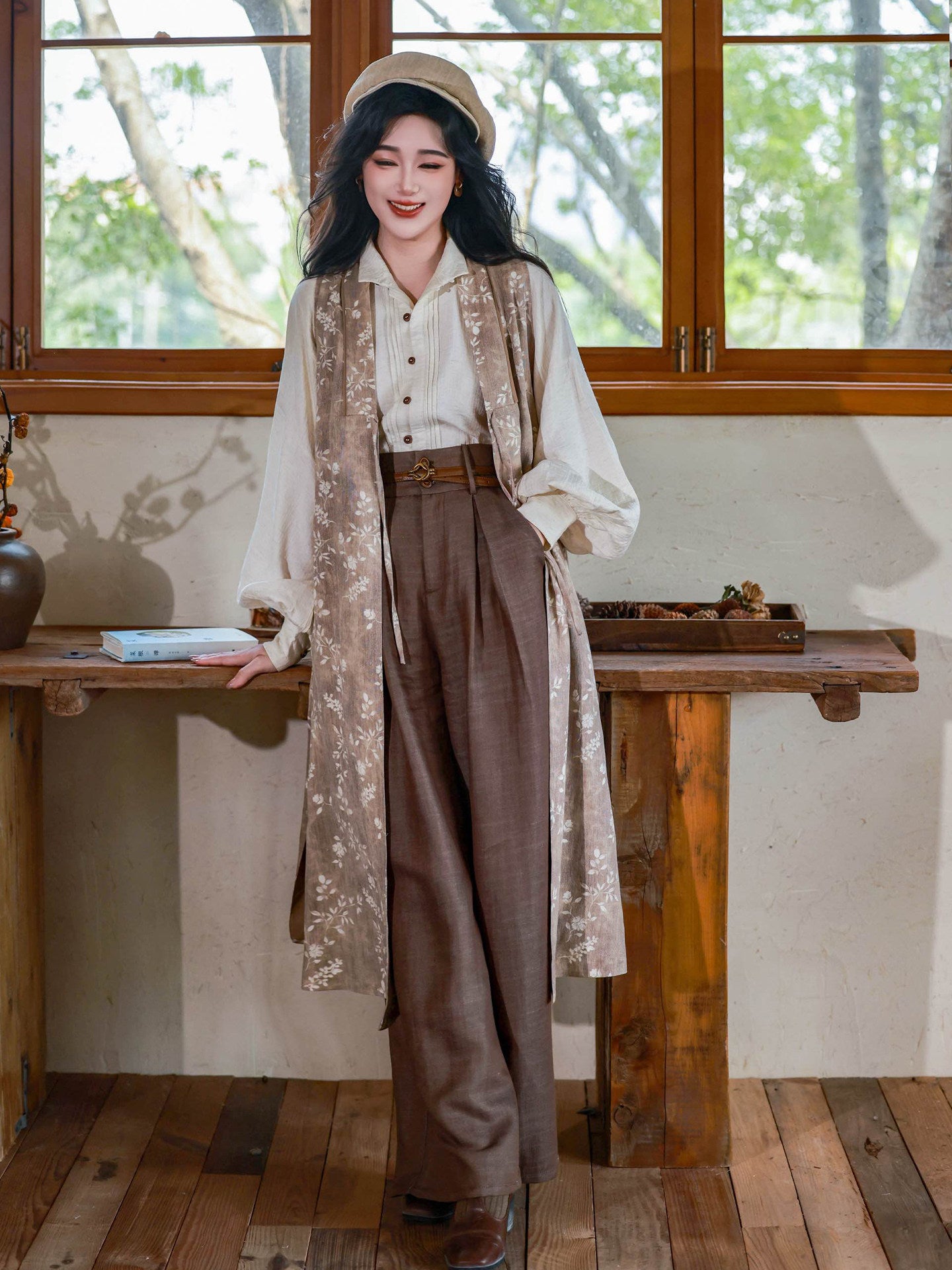 Nimeng "South France Holiday" Ming-style Mandarin Collar Long Vest, New Chinese Shirt & High-Waist Wide-Leg Trousers, Cotton Linen Vintage