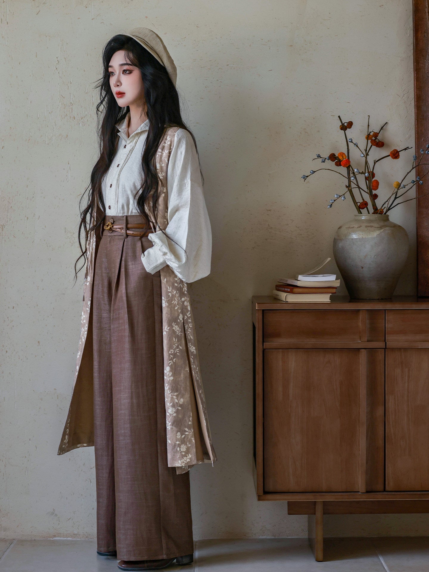 Nimeng "South France Holiday" Ming-style Mandarin Collar Long Vest, New Chinese Shirt & High-Waist Wide-Leg Trousers, Cotton Linen Vintage