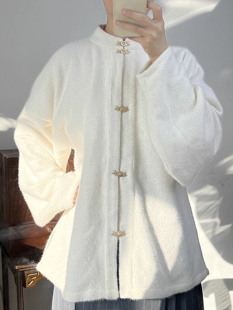 Anxiuyingxiang【Snow】Faux Mink Fur Hanfu Women Ming Style Stand Collar Front Opening Bow Pouch Sleeves w/ Pockets Daily Commuter
