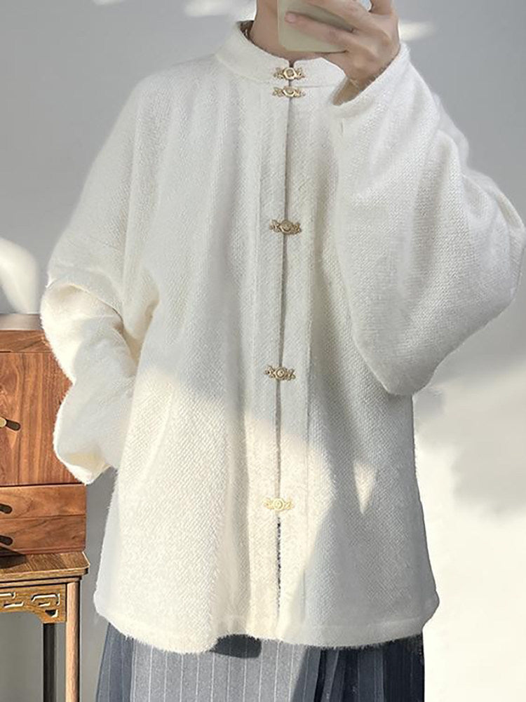 Anxiuyingxiang【Snow】Faux Mink Fur Hanfu Women Ming Style Stand Collar Front Opening Bow Pouch Sleeves w/ Pockets Daily Commuter