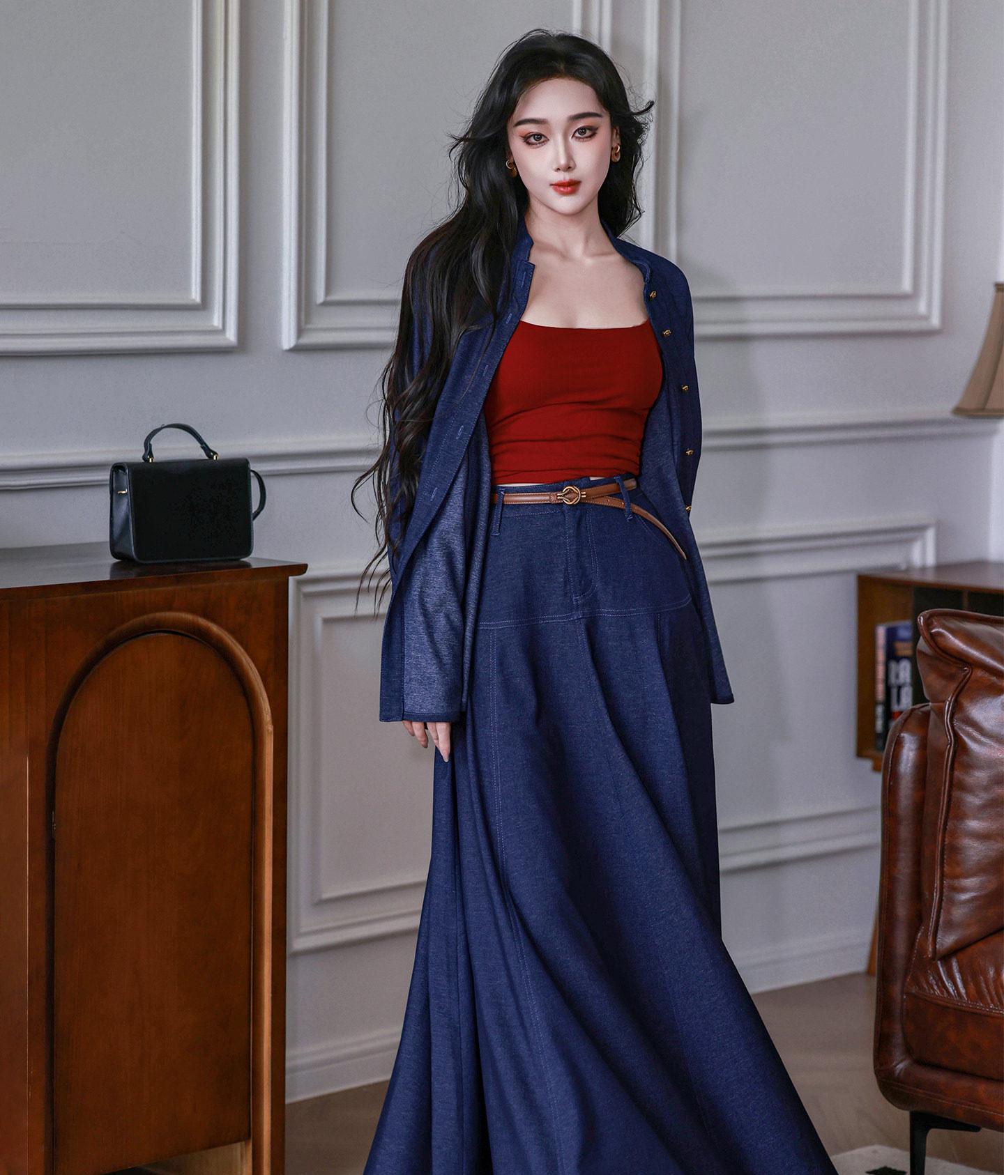 Dreamlike [Season of Wind] Original HK-Style Dark Denim Blue Neo-Chinese Shirt & Flared Skirt Set
