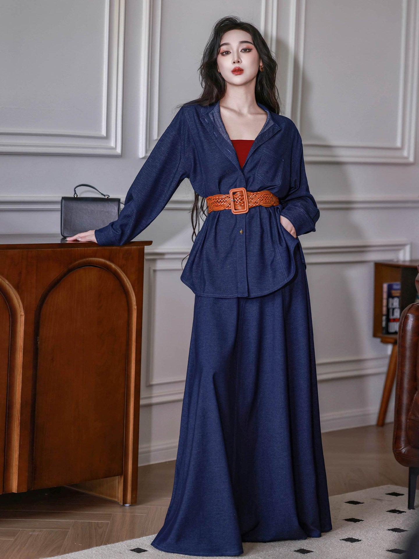 Dreamlike [Season of Wind] Original HK-Style Dark Denim Blue Neo-Chinese Shirt & Flared Skirt Set