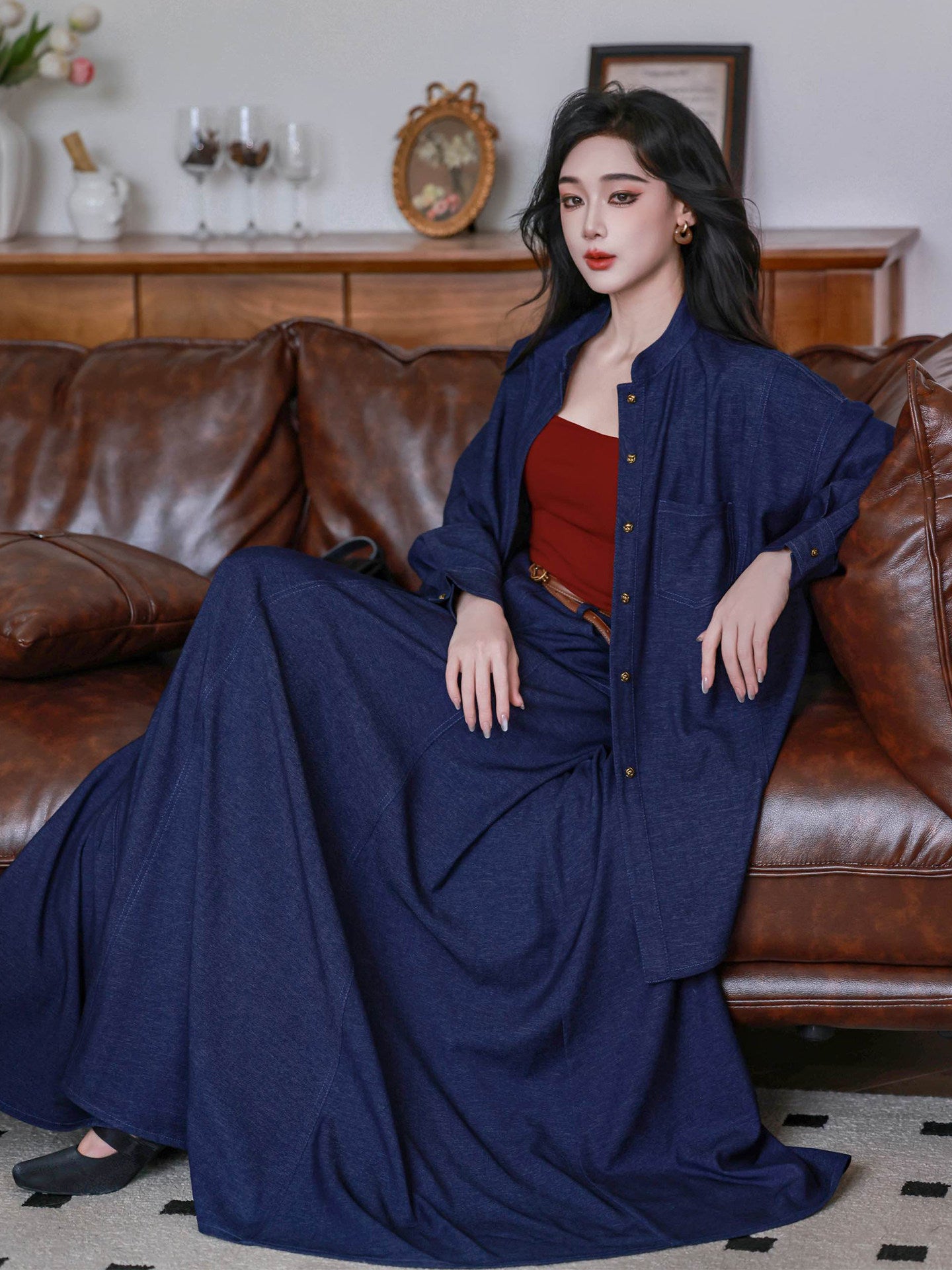 Dreamlike [Season of Wind] Original HK-Style Dark Denim Blue Neo-Chinese Shirt & Flared Skirt Set