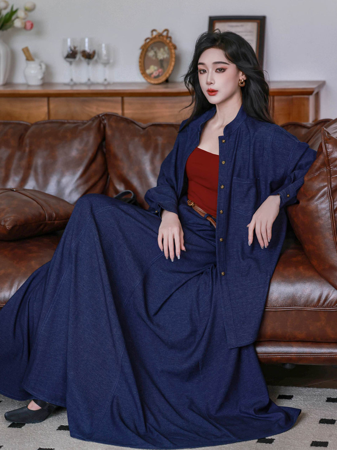Dreamlike [Season of Wind] Original HK-Style Dark Denim Blue Neo-Chinese Shirt & Flared Skirt Set