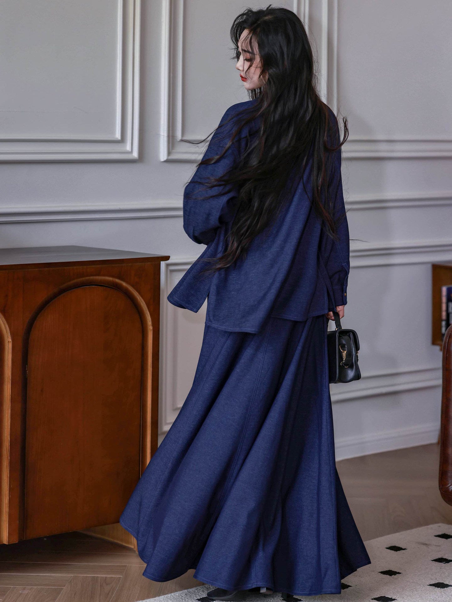 Dreamlike [Season of Wind] Original HK-Style Dark Denim Blue Neo-Chinese Shirt & Flared Skirt Set