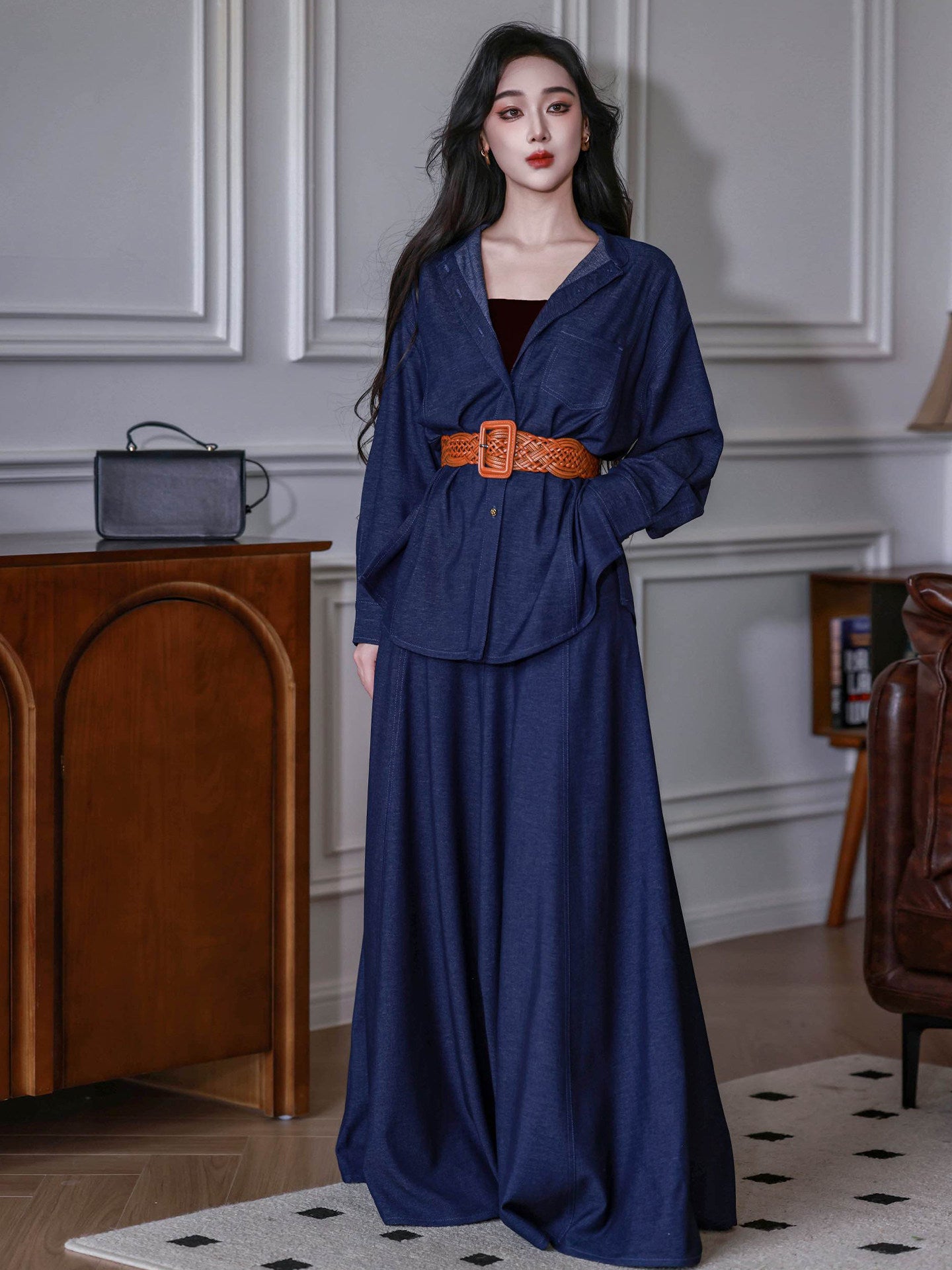 Dreamlike [Season of Wind] Original HK-Style Dark Denim Blue Neo-Chinese Shirt & Flared Skirt Set