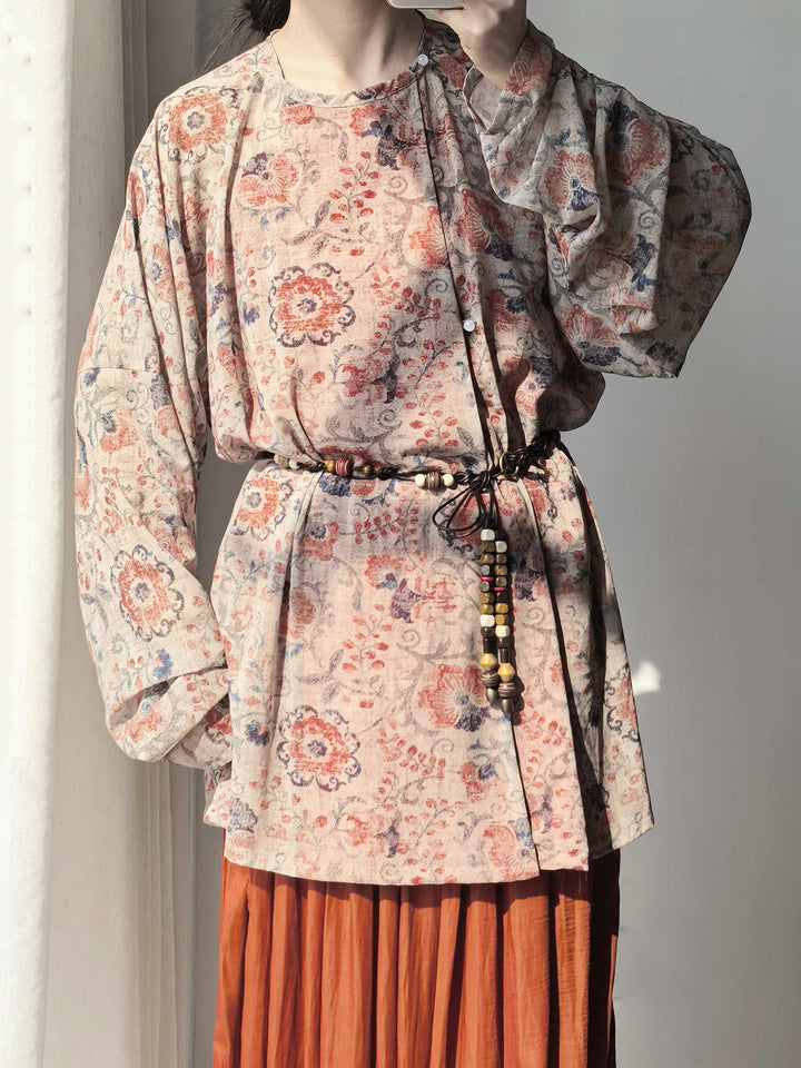 Dark Sleeve Fragrance [Dunhuang Round-collar] Hanfu Women's Modified Round-collar Robe & Mid-Len Bloomers for Daily Commute