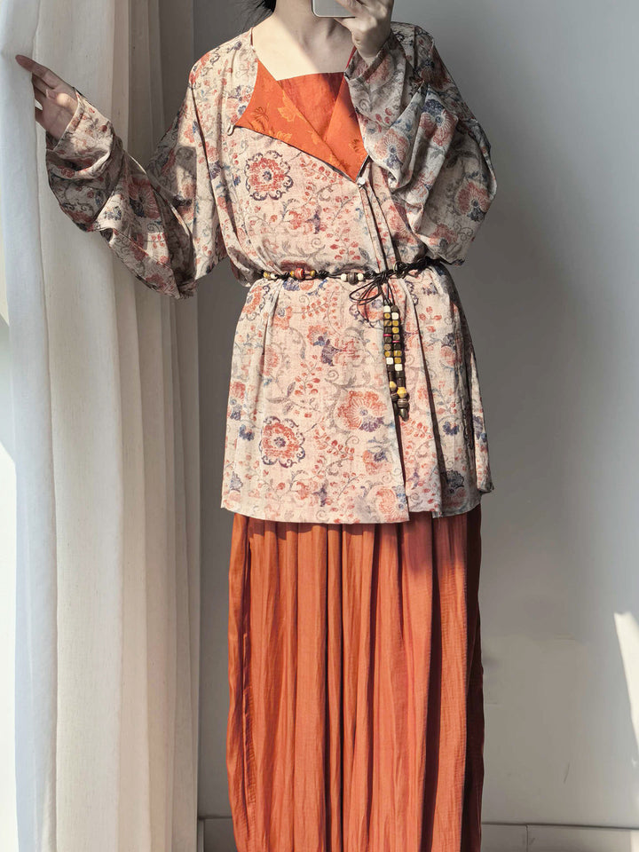 Dark Sleeve Fragrance [Dunhuang Round-collar] Hanfu Women's Modified Round-collar Robe & Mid-Len Bloomers for Daily Commute