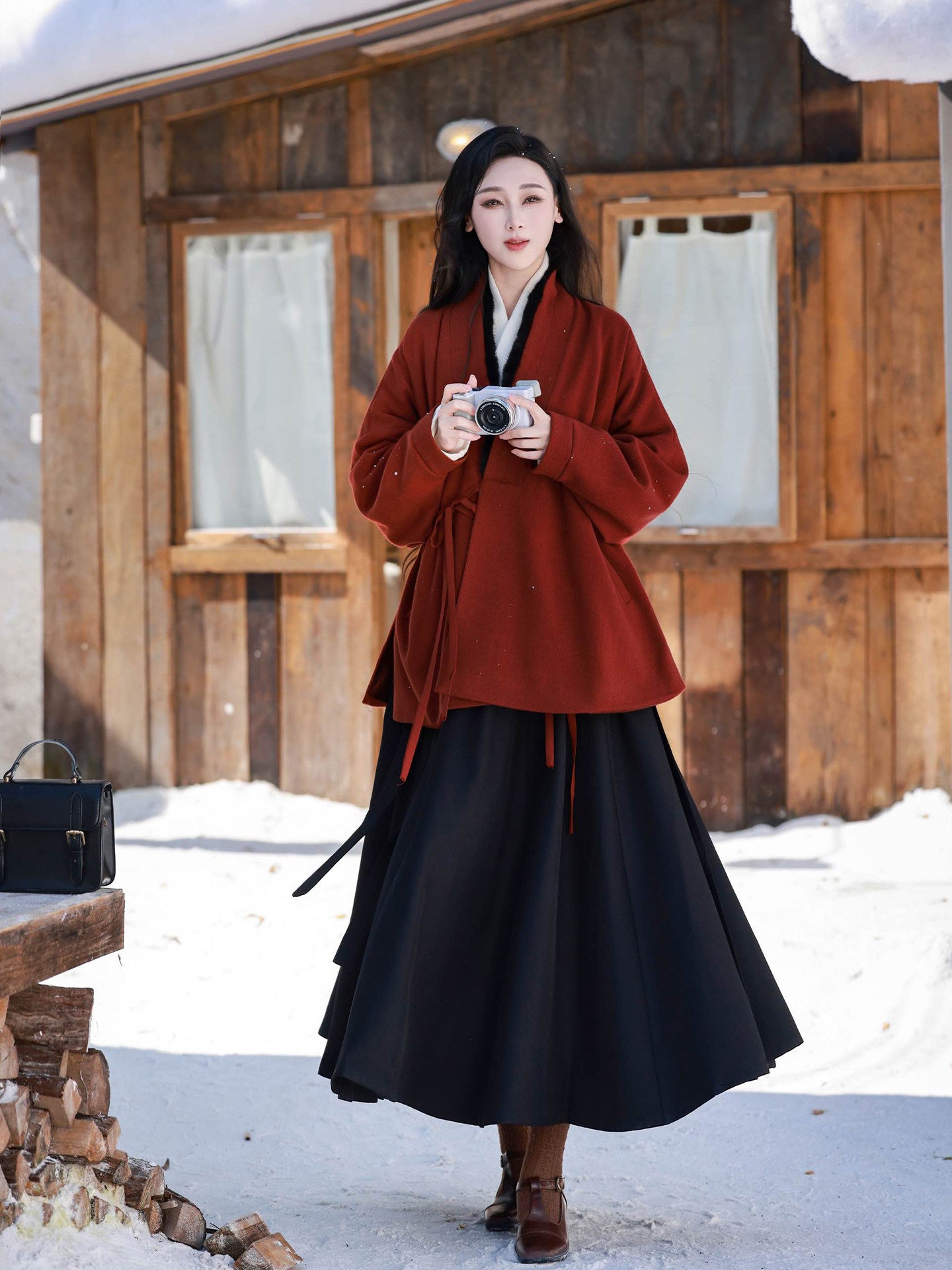 Nimeng Guofeng "Love Letter" Original Ming-Style Hanfu with Mink Fur-Trimmed Cross-Collar Airplane-Sleeve Top & Paneled Skirt Fall&Winter Daily Wear