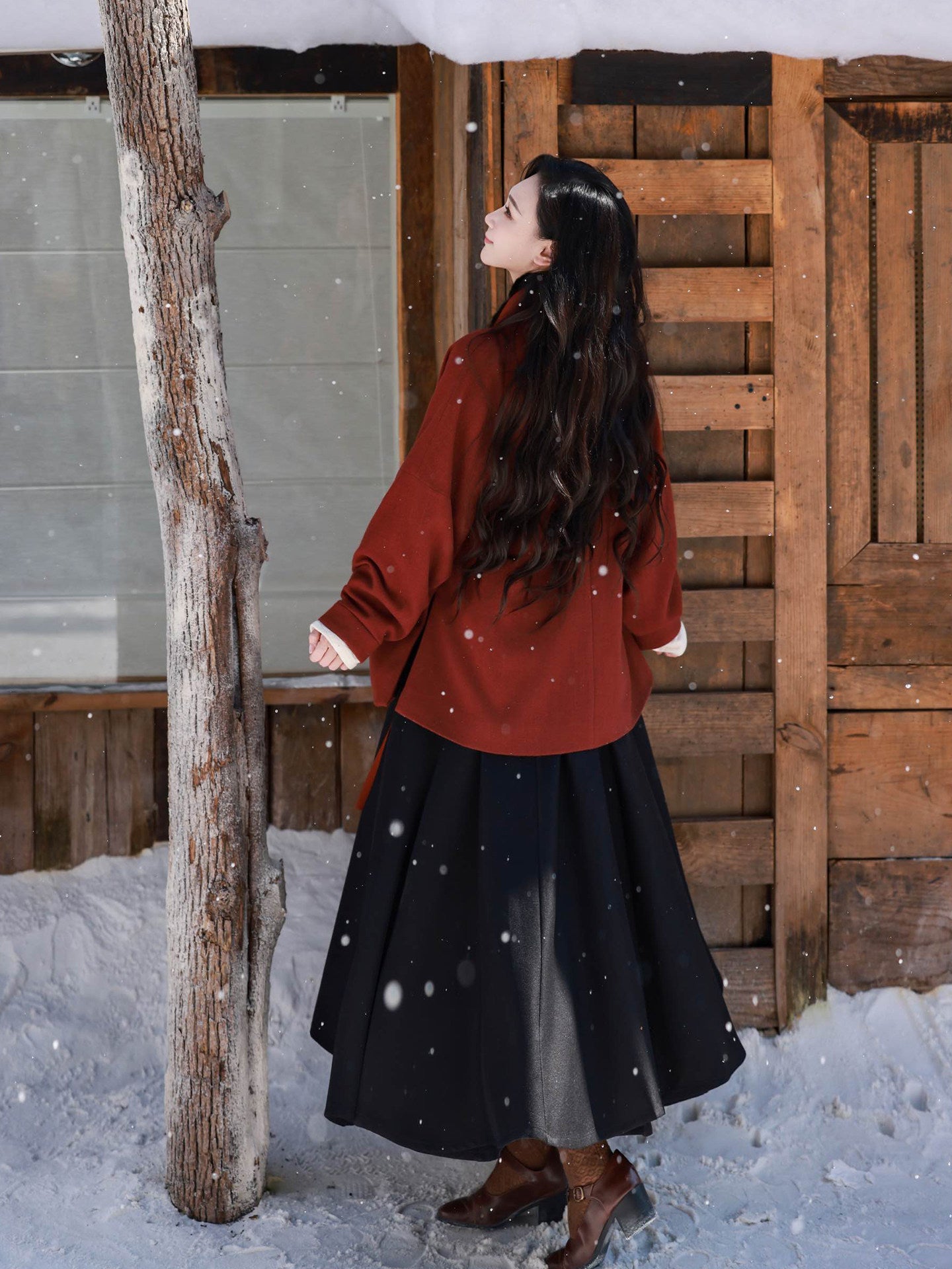 Nimeng Guofeng "Love Letter" Original Ming-Style Hanfu with Mink Fur-Trimmed Cross-Collar Airplane-Sleeve Top & Paneled Skirt Fall&Winter Daily Wear