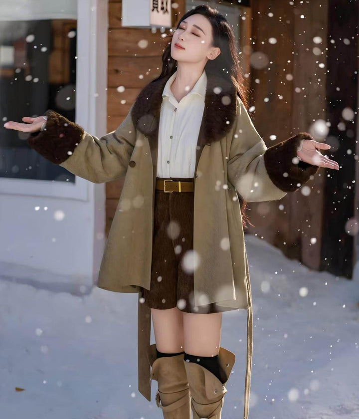 Nimeng Guofeng [Winter Sound] Original Wool Han Tang-style Fleece-Lined Short Cape Coat & Shorts, A/W Commute