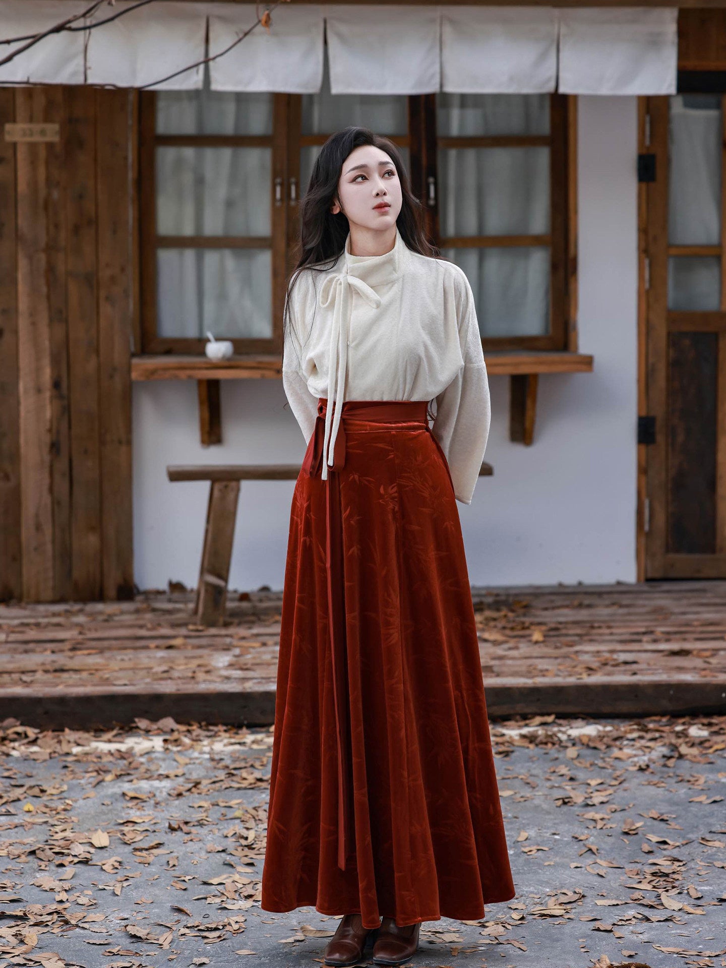 Dreamlike Chinese Style [Suxue] Original Stand Collar Tang Hanfu Element Short Top, Basic Lining & Versatile Velvet Pieced Skirt