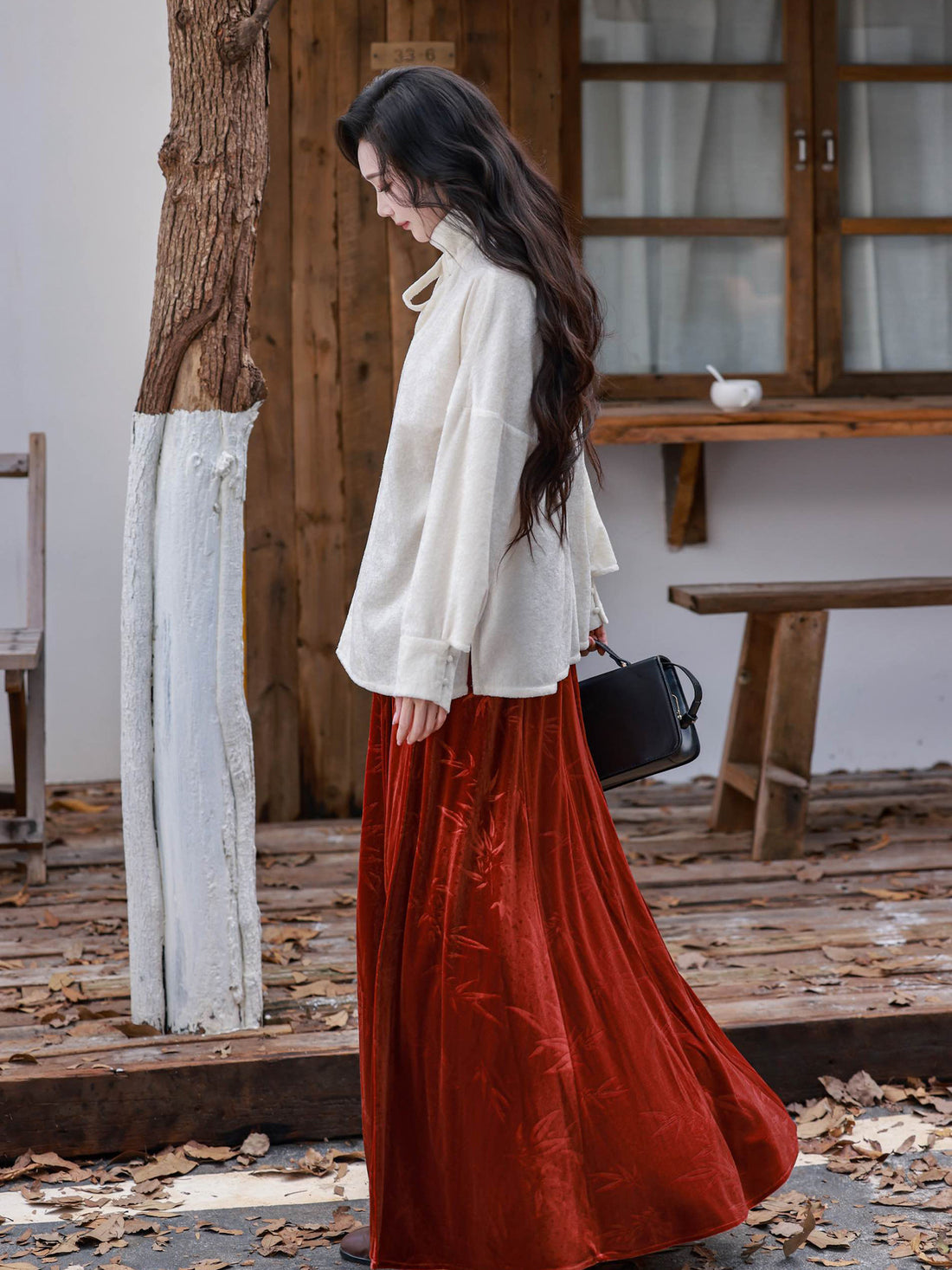 Dreamlike Chinese Style [Suxue] Original Stand Collar Tang Hanfu Element Short Top, Basic Lining & Versatile Velvet Pieced Skirt