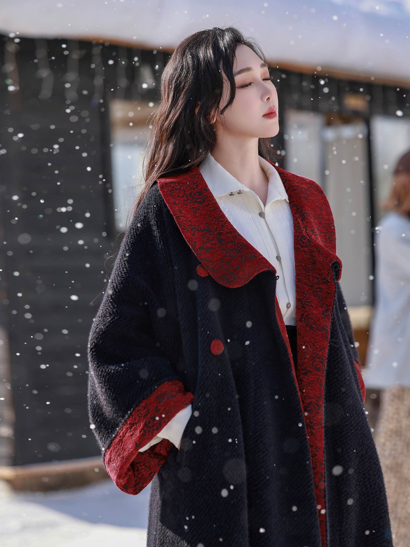 Dream-Inspired Chinese Style [Gryffindor] Original-Inspired Tang Jacket with Pockets, Thickened Black & Red Coat for Daily Fall & Winter Wear