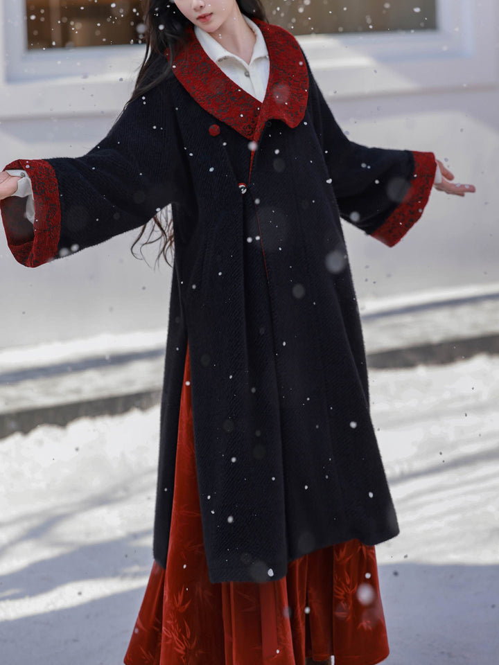 Dream-Inspired Chinese Style [Gryffindor] Original-Inspired Tang Jacket with Pockets, Thickened Black & Red Coat for Daily Fall & Winter Wear