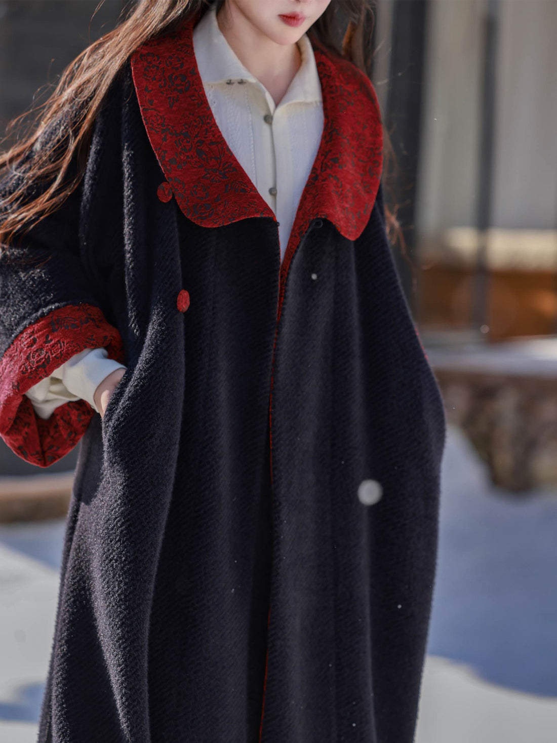 Dream-Inspired Chinese Style [Gryffindor] Original-Inspired Tang Jacket with Pockets, Thickened Black & Red Coat for Daily Fall & Winter Wear