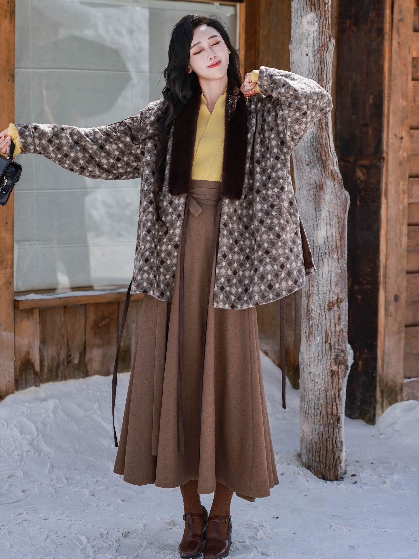 Nimeng Guofeng [Raw Coconut & Dark Chocolate] Original Ming-style Fleece-lined Reversible Pocketed Cross-collar & Song-style Flying Sleeve & Patchwork Skirt Daily Set