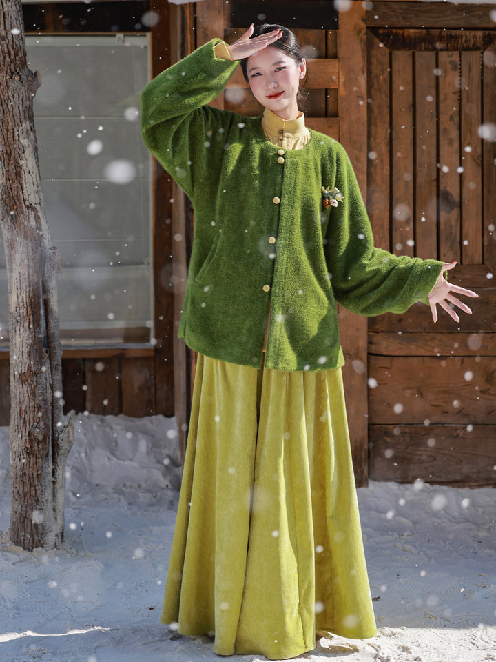 Nimeng [Chuheng] Original Ming Round-Collar Short Ao, Cotton-Linen Stand-Collar Shirt, Elastic Pocket 8-Panel Skirt, Autumn & Winter Hanfu