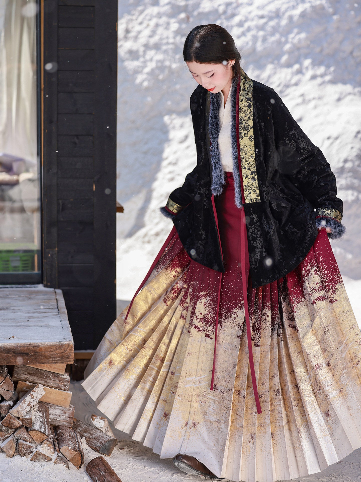 Dreamlike "Shuying" Orig Ming Cross-collar Bow Sleeve Coat, Mod Dropped Shoulder, Fleece-lined Pockets, Fall/Winter Hanfu