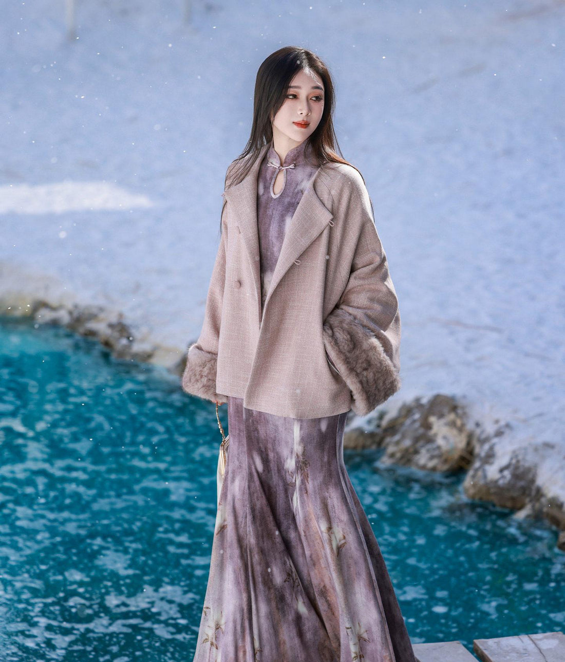 Ni Meng [Purple Smoke] Original New Chinese Style Fish Tail Dress Coat - Soft & Slim Fit - Women Autumn/Winter - Removable Fur Collar