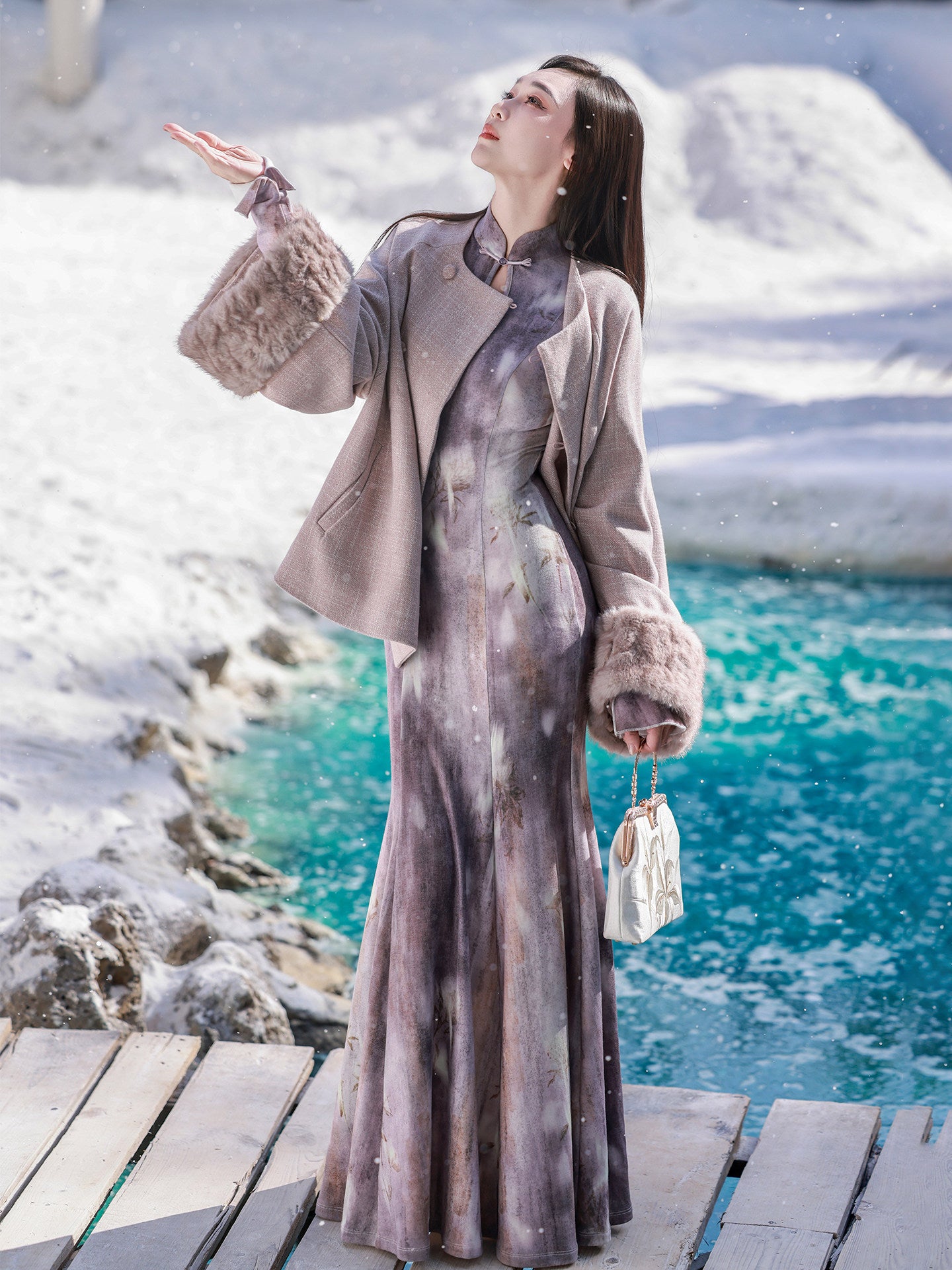 Ni Meng [Purple Smoke] Original New Chinese Style Fish Tail Dress Coat - Soft & Slim Fit - Women Autumn/Winter - Removable Fur Collar