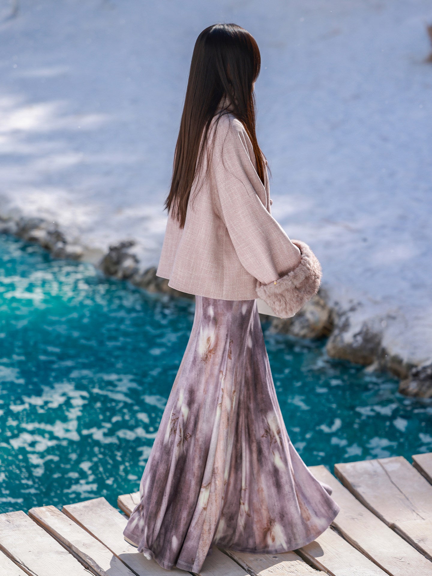 Ni Meng [Purple Smoke] Original New Chinese Style Fish Tail Dress Coat - Soft & Slim Fit - Women Autumn/Winter - Removable Fur Collar