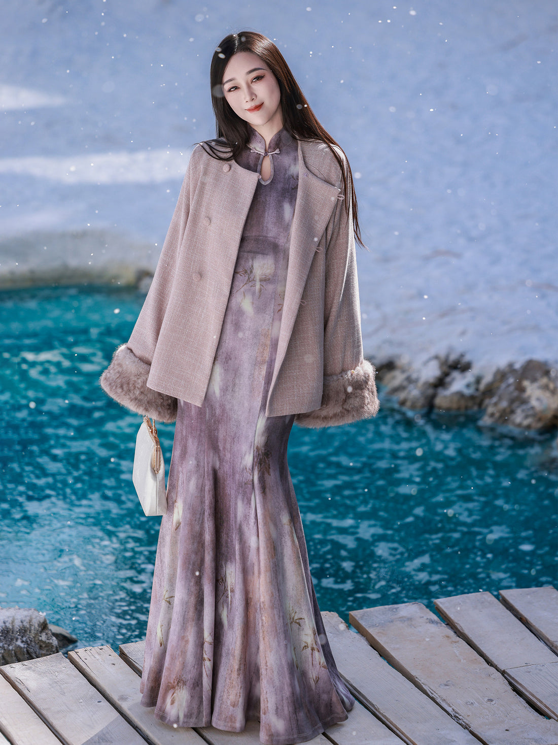 Ni Meng [Purple Smoke] Original New Chinese Style Fish Tail Dress Coat - Soft & Slim Fit - Women Autumn/Winter - Removable Fur Collar