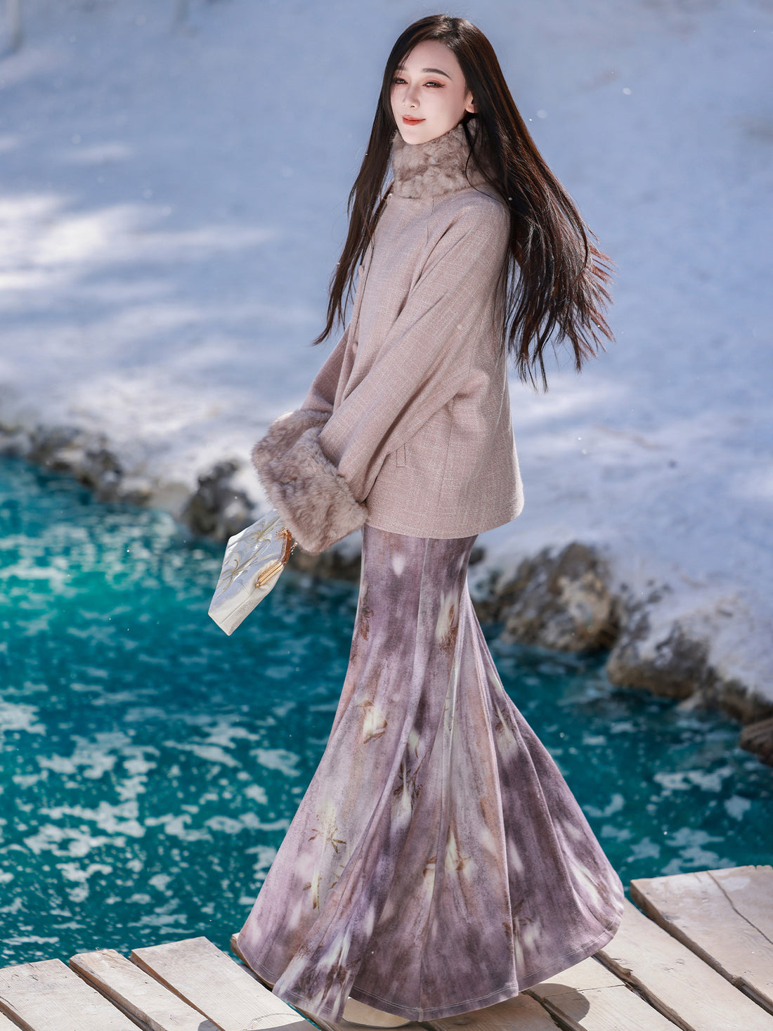 Ni Meng [Purple Smoke] Original New Chinese Style Fish Tail Dress Coat - Soft & Slim Fit - Women Autumn/Winter - Removable Fur Collar