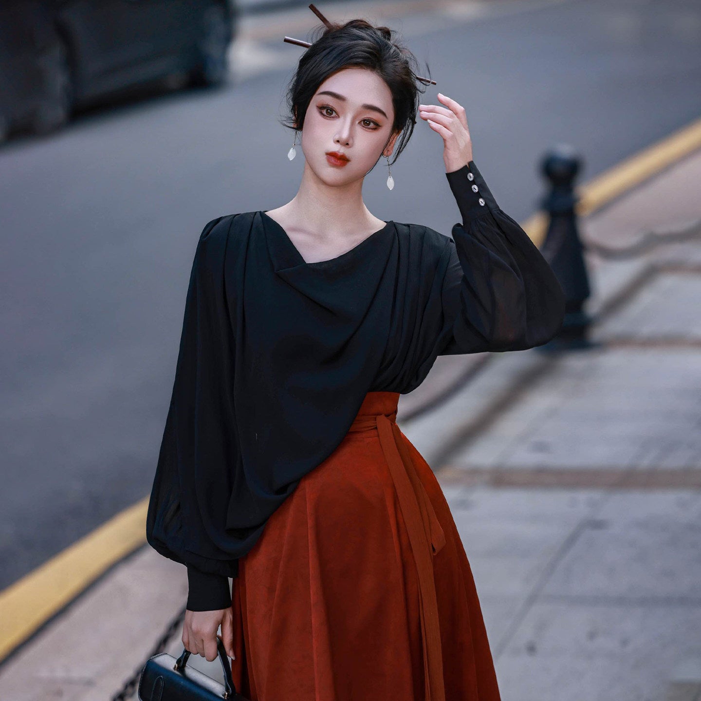 Dream Original Black Draped Collar Blouse & Torn Skirt Set, New Chinese Style, Commuter Daily