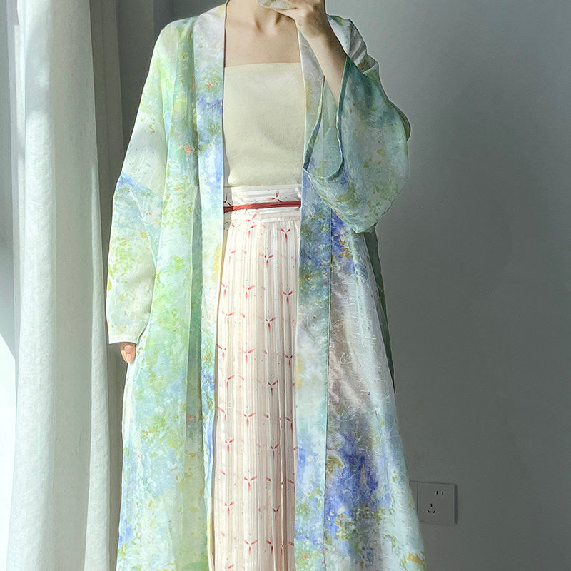 Dark Sleeve Fragrance [Watercolor] Hanfu Women's Song-style Long Coat w/ Iron Crutch Tomb Print, Casual & Commute