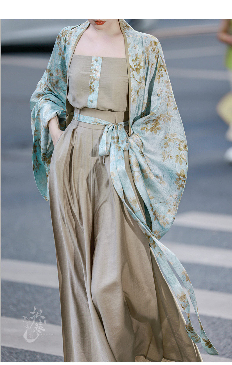 Nimeng Huaqing Original Pleated Top & Camisole & Modified Song-Style Pants Vintage Retro Daily Commute Set Spring/Autumn