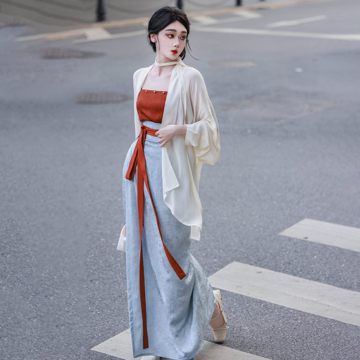 Nimeng Deng Yanyu Original Hanfu Song Dynasty Spiral Skirt, Airplane Sleeves, Color Block, High Quality Commute, Rayon Jacquard, Beaded