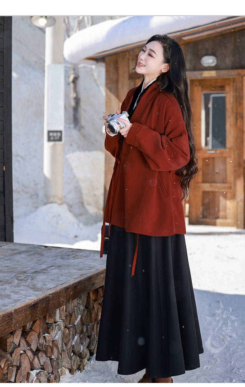 Nimeng Guofeng "Love Letter" Original Ming-Style Hanfu with Mink Fur-Trimmed Cross-Collar Airplane-Sleeve Top & Paneled Skirt Fall&Winter Daily Wear